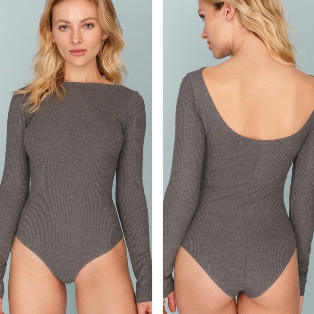 Reformation Gray Ribbed Long-Sleeve Scoop-Back Bodysuit